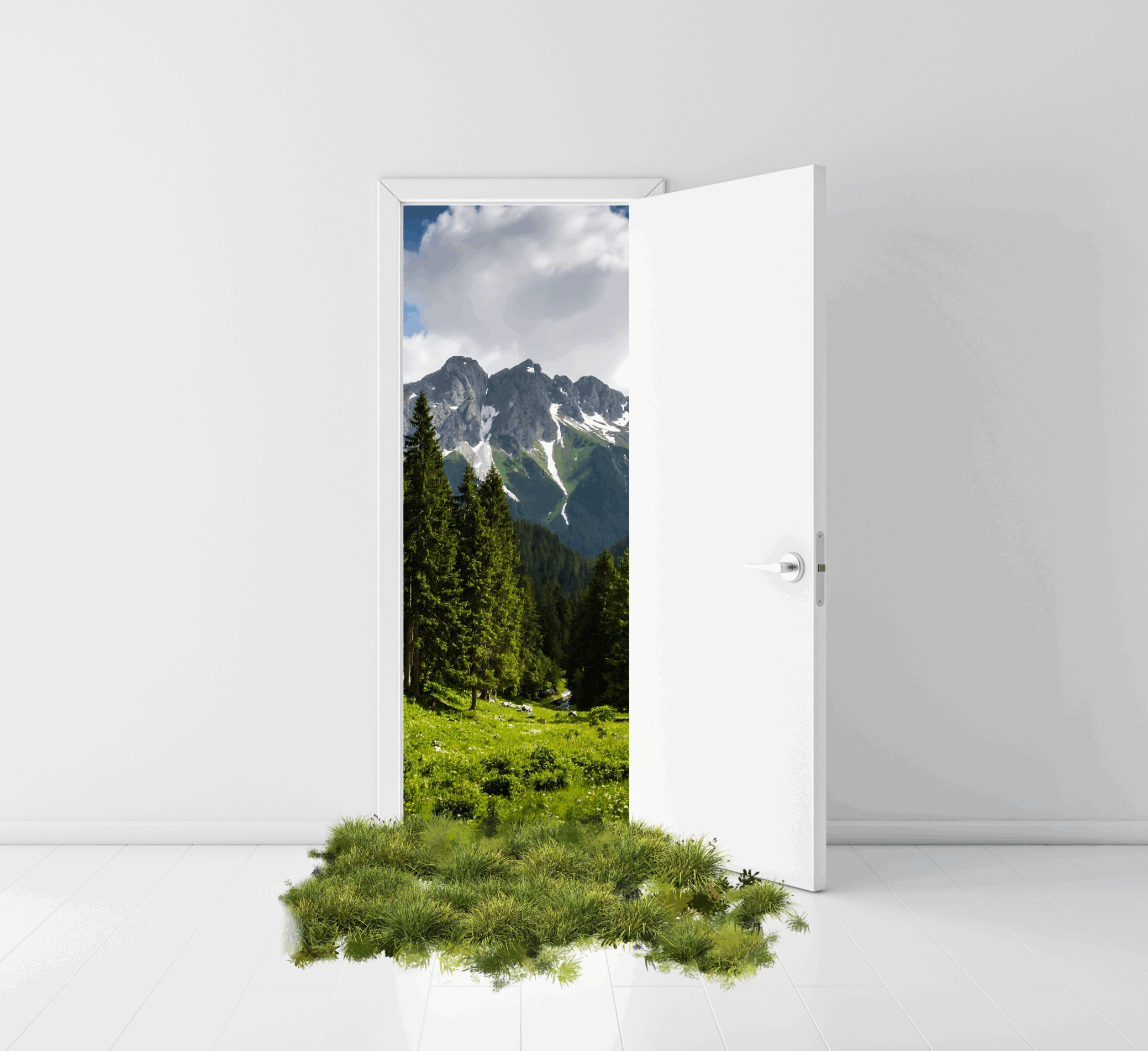 Door opening to reveal a lush valley